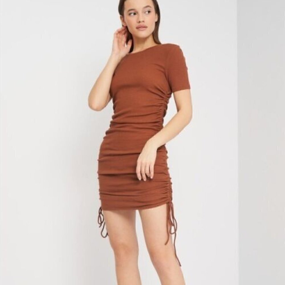 Zara Copper Brown Ribbed Side Tie Short Sleeve Mini Dress‎ M